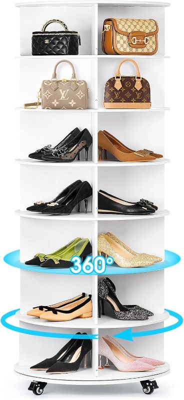 Photo 1 of ABTOR 7 Tier 360° Rotating Shoe Rack Tower, Spinning Shoe Display Lazy Susan, Revolving Shoe Rack Storage Round Carousel, Vertical Handbag Rotate Shoes Closet Organization White