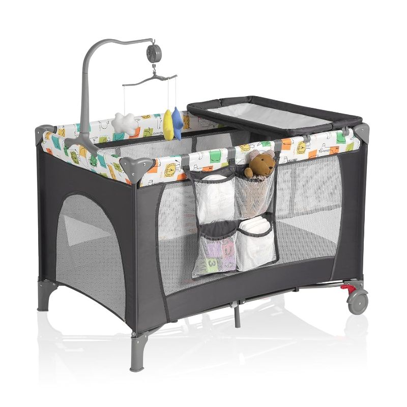 Photo 1 of Pack and Play with Changing Table & Carry Bag, 4-in-1 Portable Crib Playpen for Newborn to Toddler, ASTM Certified Foldable Travel Crib with Bassinet(B-Grey)
