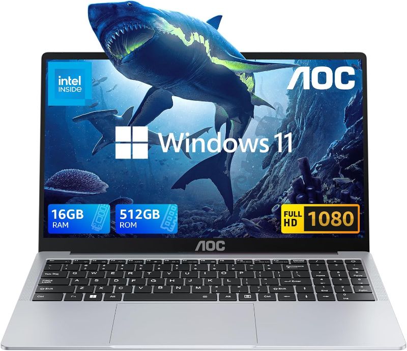 Photo 1 of AOC Laptop, Laptop Computer with Intel Processor Twin Lake N150(Up to 3.6GHz) 16GB DDR4 512GB SSD 15.6 Inch FHD Premium Laptop Windows 11 Pro, Metal Shell, Type-C
