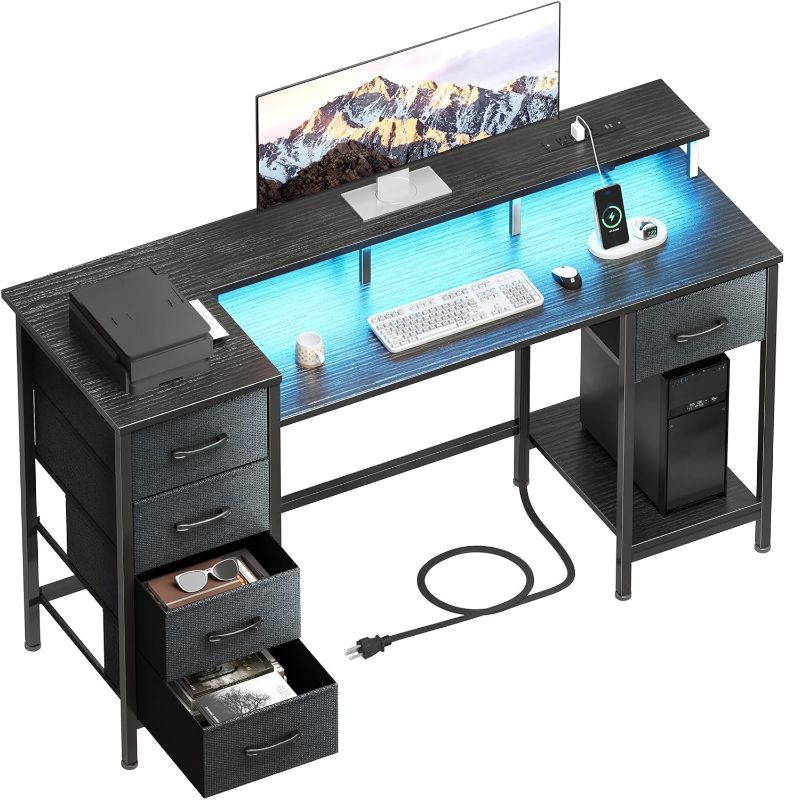 Photo 1 of 47 Inch Computer Gaming Desk with Power Outlets & LED Lights Reversible Home Office Desk with Adjustable 5 Fabric Storage Drawers for Working Writing Study, Black
