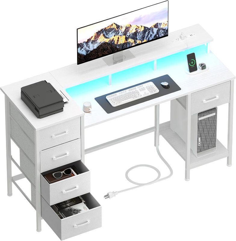 Photo 1 of 47 Inch Computer Gaming Desk with Power Outlets LED Lights Reversible Home Office with Adjustable Fabric Storage Drawers for Working Writing Study, White
