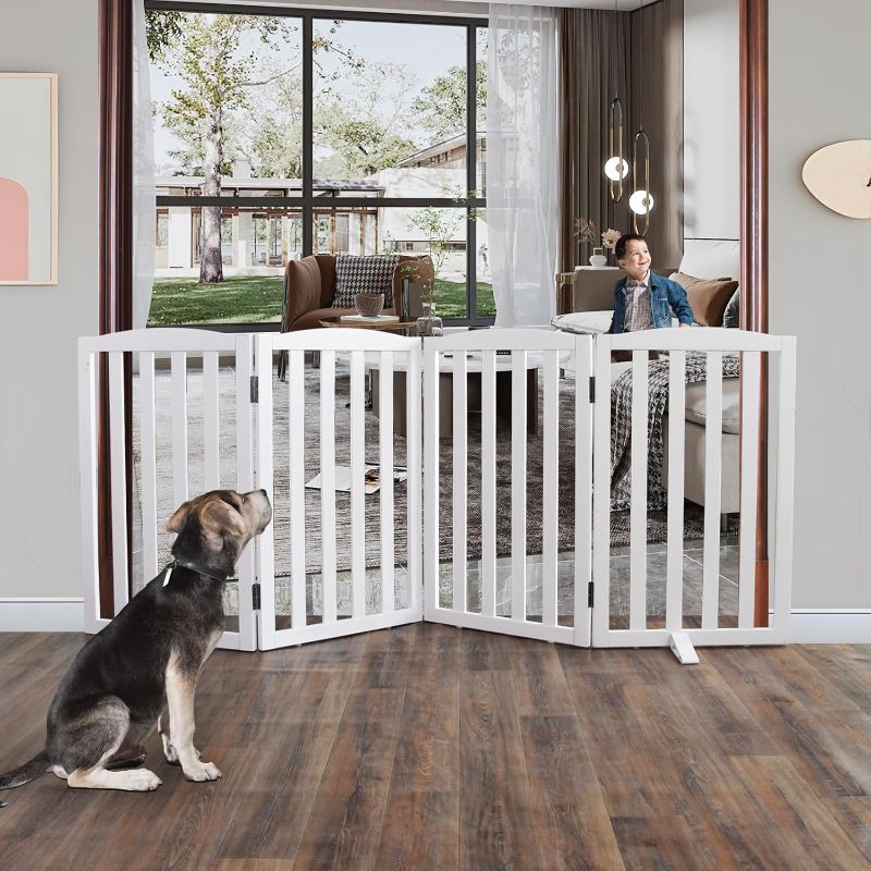 Photo 1 of ZJSF Foldable Freestanding Indoor Dog Gate for House Wood White Long Pet Gates Dog Fence for Stairs Puppy Gates for Hallways, Puppy Gate,Support Feet Included 32 "Height-4 Panels
