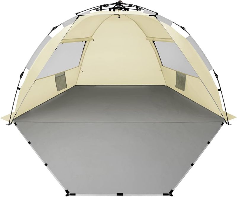 Photo 1 of Oileus X-Large 4 Person Beach Tent Sun Shelter - Portable Sun Shade Instant Tent for Beach with Carrying Bag, Stakes, 6 Sand Pockets, Anti UV for Fishing Hiking Camping, Waterproof Windproof, Khaki
