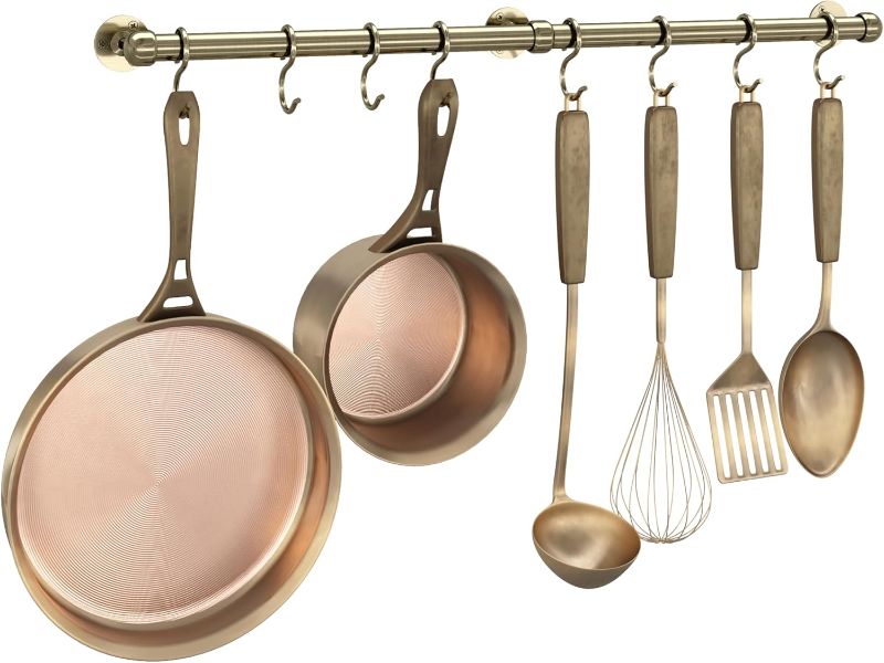 Photo 1 of ROTHLEY Stainless Steel Hanging Pot Rack Hanger: 23.7 Inch Pot and Pan Hanger Wall Mounted Hanging Pot Bar Rack Heavy Duty Pot Hangers Kitchen Rail with 8 S Hooks (Antique Brass)
