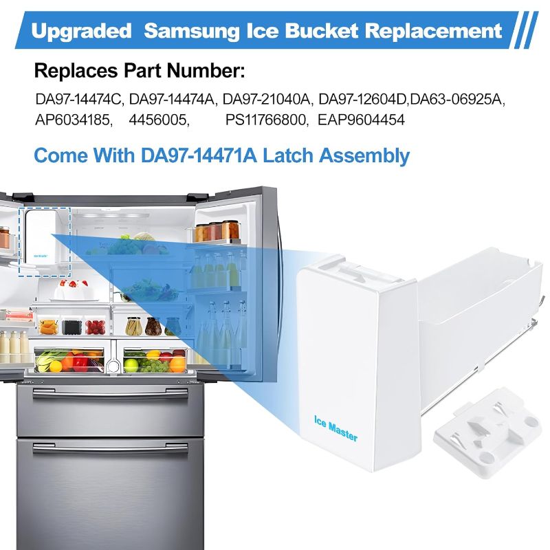 Photo 1 of Upgraded DA97-14474C DA97-14474A Ice Bucket Compatible with Samsung Ice Maker Replacement DA97-12604D Samsung Ice Bucket Replacement Ice Maker Tray DA97-21040A RF28HMEDBSR RF263 Ice Container Ice Bin
