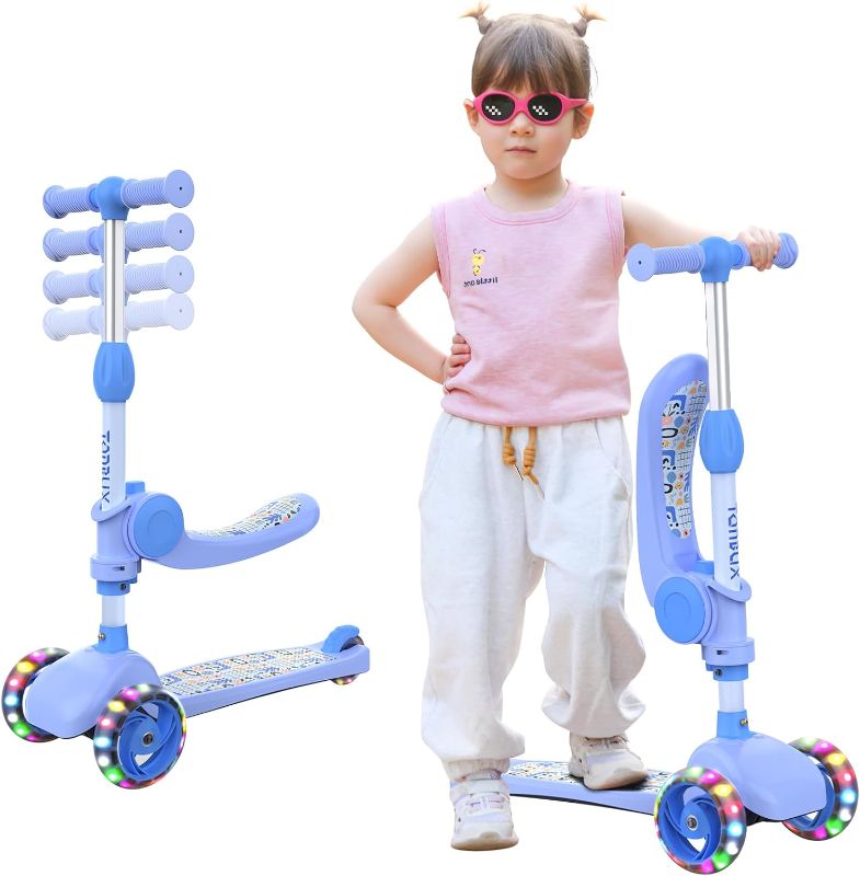 Photo 1 of TONBUX Kids Scooter with Seat, 3 Wheels Scooter with PU Luminous Wheels, Non-Slip Handle and Wide Deck, Sensitive Brakes, 4-Level Adjustable Height, Scooters for Kids 2–8 Years
