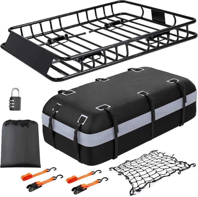 Photo 1 of Heavy Duty Universal Rooftop Cargo Carrier Roof Rack, 64"x36"x5" Roof Rack Basket with 20 Cu.Ft Waterproof Bag, for SUV, Truck and Van, 250lbs Capacity, Corrosion Resistant, Steel Construction

