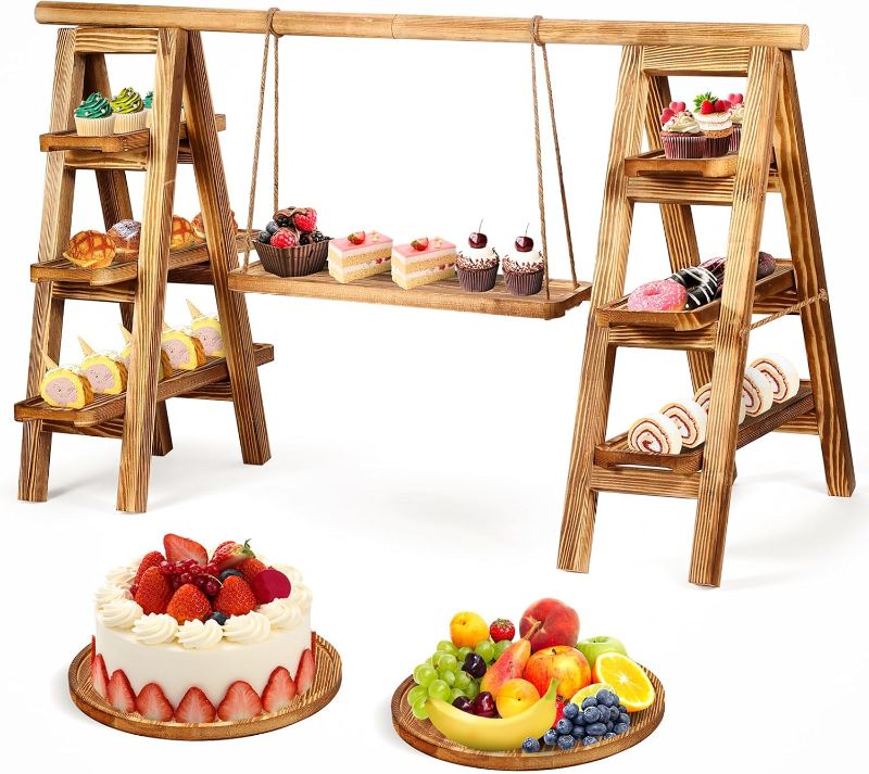 Photo 1 of 3 Tier Serving Tray Wooden Cupcake Stand, Dessert Table Display Set with 2 Pcs Round Tray, Removable Trays and Foldable Dessert Stand, Rustic Food Display for Party Birthday Wedding - Large
