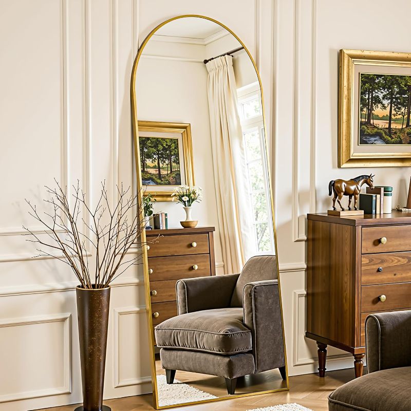 Photo 1 of Full Length Mirror 58"x18" Arched Floor Mirror Freestanding Full Body Oversized Floor Free Standing Leaning Hanging Mounted Aluminum Alloy Frame Floor Mirror for Bedroom Cloakroom Living Room Gold
