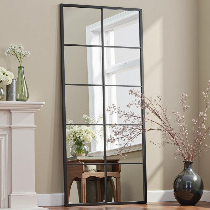 Photo 1 of Full Length Mirror, 65"x24" Window Pane Mirror for Wall Decor, Black Full Body or Wall Mounted Mirrors, Farmhouse Standing Mirrors Hanging or Leaning for Living Room, Entryway, No Stand
