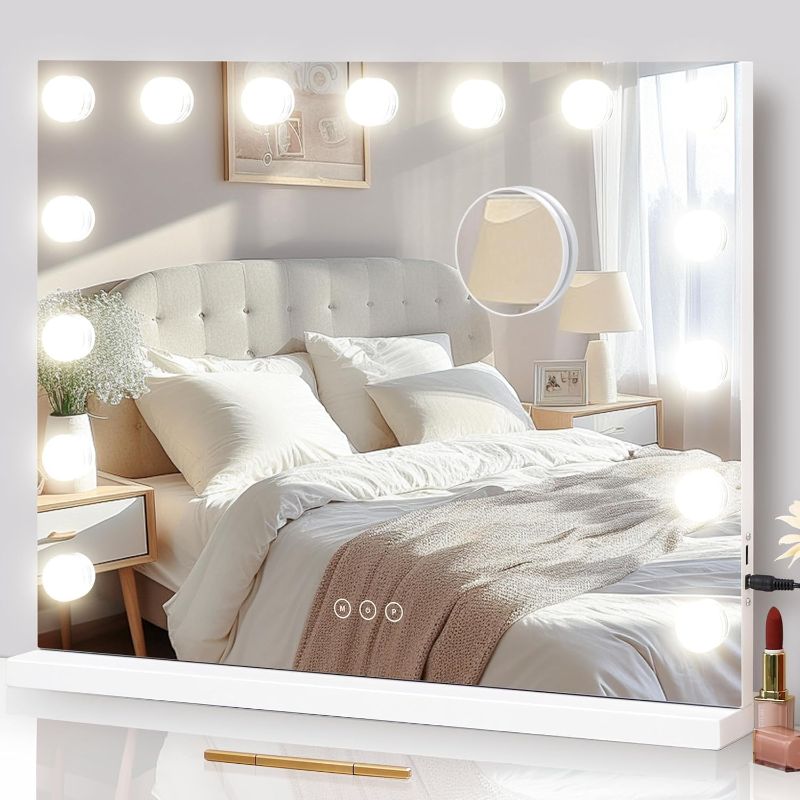 Photo 1 of Vanity Mirror with Lights Lighted Makeup Mirror with 15 Dimmable LED Bulbs,3 Color Lighting Modes,USB Charging Port Touch Control,Sturdy Metal Frame Design 24x18 Inch,White
