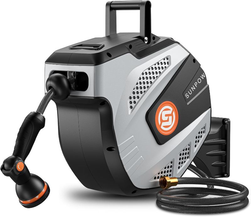 Photo 1 of SUNPOW Retractable Garden Hose Reel - 1/2 inch x 85ft Wall Mounted Hose Reel with 3/4 inch Brass Fitting & 10 Function Sprayer Nozzle - Any Length Lock, Auto Rewind System, 180°Swivel Bracket- Grey

