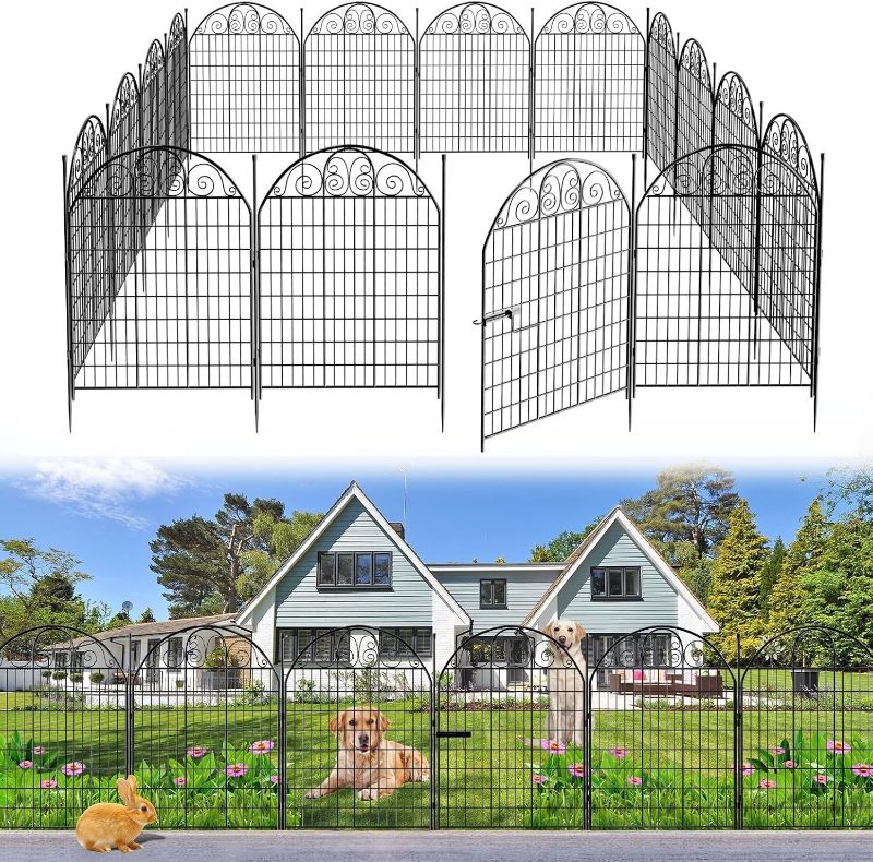 Photo 1 of Aisdan 10 Panels Garden Fence with Gate for Yard, 48 in(H) X 24ft(L) No Dig Dogs Decorative Fence Outdoor Animal Barrier Fencing, Rustproof Metal Wire Patio Temporary Fences for Dogs Rabbits