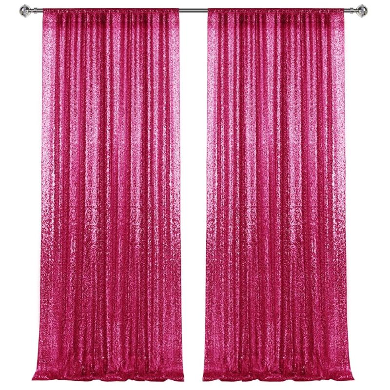 Photo 1 of 2×8FT-2PCS Pink Sequin Backdrop Curtains Panels, Photography Backdrop Glitter Curtains Fabric Background for Christmas Wedding Party Decor