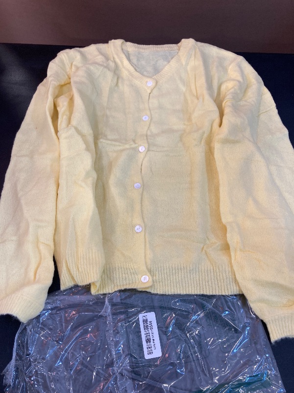 Photo 1 of Women Crewneck Mohair Cardigan Casual Solid Button Down Long Sleeve Knitwear Sweater Yellow M/L