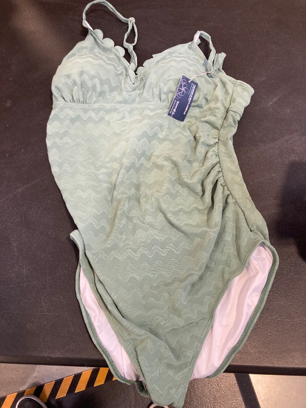 Photo 1 of Summer Mae Maternity Scalloped Trim Swimsuit One Piece V-Neck Pregnancy Bathing Suit Cutout Tie Back Swimwear for Women Balsam Green 10