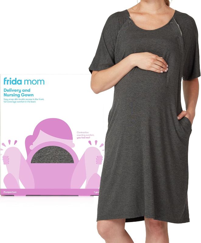 Photo 1 of Frida Mom Labor and Delivery Gown for Hospital, Easy-Snap, Tagless Nursing Gown with Skin-to-Skin Access and Full Coverage in The Back