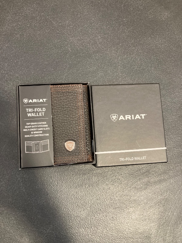 Photo 1 of ARIAT Men's Trifold Wallet, Oil Tan Dark Copper Leather, Brand Concho, Multiple Slots