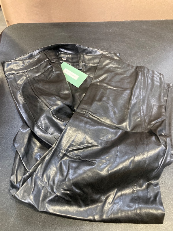 Photo 1 of  LARGE-Women Faux Leather Pants Low Rise Baggy Barrel Jeans Wide Leg Trousers with Pockets Black