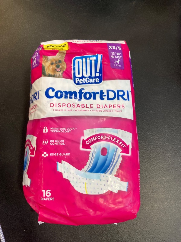 Photo 1 of OUT! PetCare Disposable Dog Diapers Female, Potty Training, Dog Diapers, Female Doggie in Heat, Puppy Training, Incontinence, Puppy Essentials 13”-18” Waist (XS/S, 16ct)