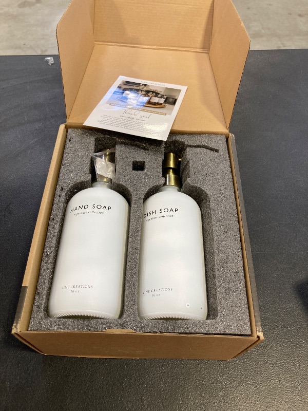 Photo 1 of Vine Creations Glass Soap Dispenser Set, Kitchen Soap Dispenser Set with Ceramic Tray, 16 oz Dish Soap and Hand Soap Dispenser Set with Stainless Steel Pump Decor (White Bottle/Brushed Brass)