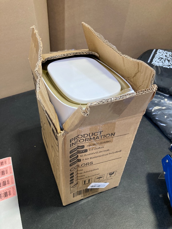 Photo 1 of ELPHECO Slim Bathroom Trash Can with Lid, 2.5 Gallon Automatic Adsorption Garbage Can, Sensor Trash Bin, Slim Waterproof Garbage Can, Smart Waste Bin for Narrow Space, Bag Self-Absorbing, Golden
