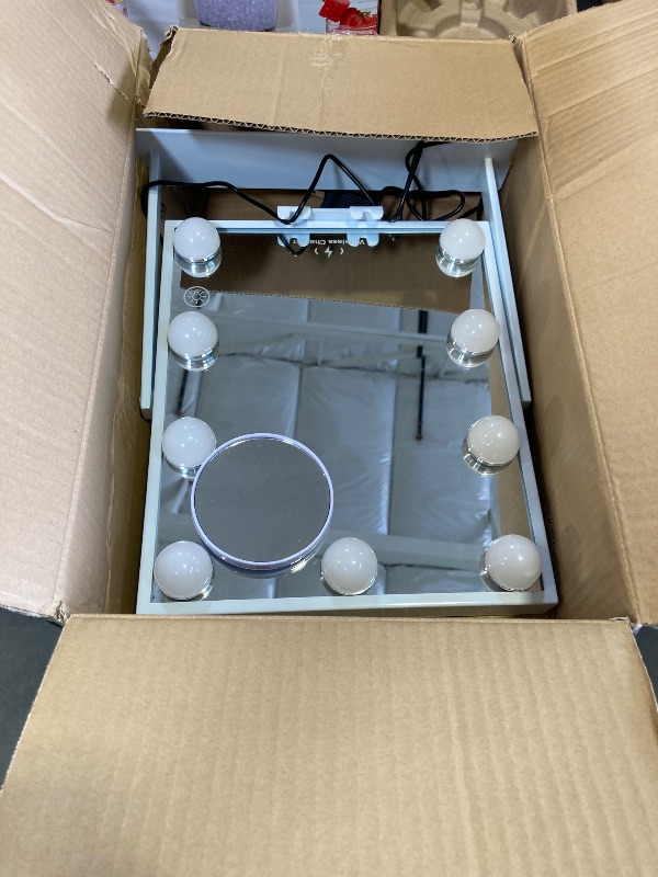 Photo 1 of Hansong Lighted Vanity Mirror with Bluetooth Speaker and Wireless Charging Makeup Mirror with Lights 9 Dimmable Bulbs Lighted Makeup Mirror 3 Color Lighting Tabletop (White)