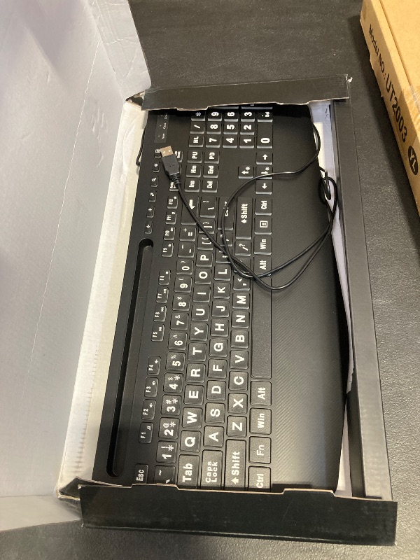Photo 1 of SABLUTE Large Print Backlit Keyboard, Wired USB Computer Keyboards with 7-Colors Backlight, Wrist Rest, Phone Holder, Oversized Letter Keys Easy to See and Type for Laptop, PC, Windows, Black