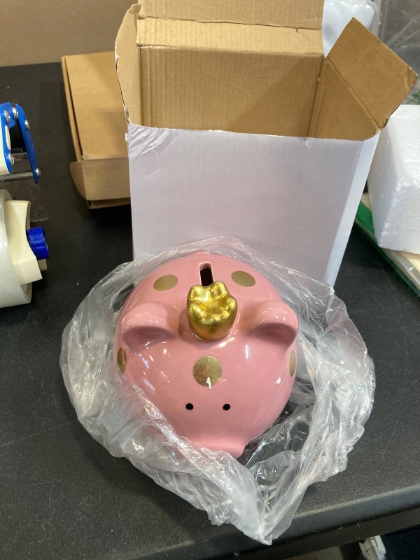 Photo 1 of SOBEIT Crown Piggy Bank, Glazed Porcelain Craftsmanship/Easy to Access, Kids' Pink Coin Bank (4.64'L x 5.51'W x 5.19'H)