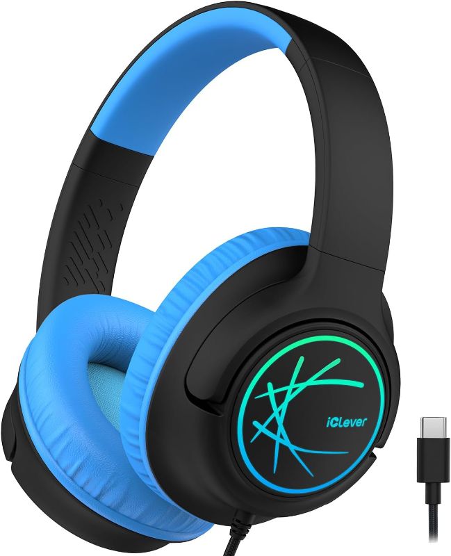 Photo 1 of iClever Upgrade USB C Kids Headphones for School, 85dBA Safe Volume, Stereo Sound, Foldable Adjustable, 3.5mm Jack, Over Ear Kids Headphones with Cord for Boys/Girls/iPad/Tablet/Travel
