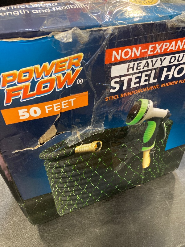 Photo 1 of PowerFlow Garden Hose, NON-EXPANDABLE 50 Feet Premium Quality Stainless Steel Metal Water Hose with Durable Fabric Skin, Hose For Commercial, Residential Use, Bonus 10-way Spray Nozzle (50 Ft, Black)