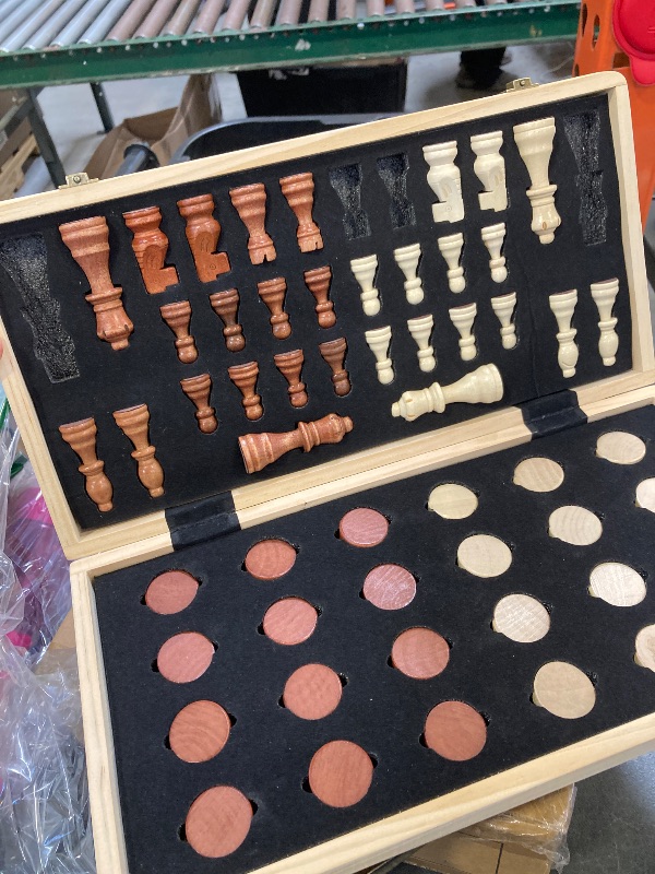 Photo 1 of PlayVibe Wooden Chess Set 15'' & Checkers Board Games for All Players with 2 Extra Queens - Handmade Classic Wooden Chess Board, Portable & Folding Playtime Boards, Beginner & Professional Use
