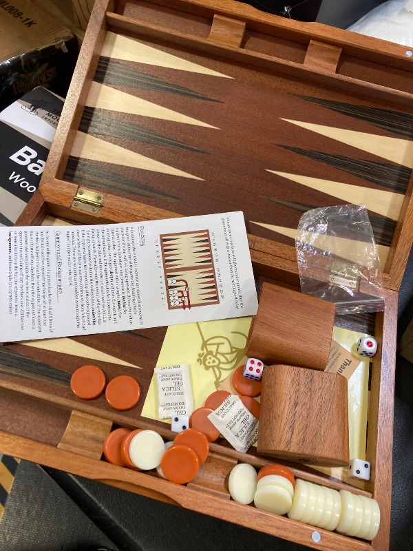 Photo 1 of Yellow Mountain Imports Wooden Inlaid Backgammon Game Set, Pasadena - with Acrylic Playing Pieces, Wooden Dice Cups, and 13-inch Folding Board