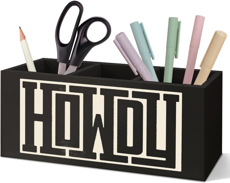 Photo 1 of SNNDER Western Office Decor Pen Holder for Desk, Western Gifts for Women Men, Retro Howdy Western Wooden Pen Pencil Holder Organizer for Home Office Desk Accessorie