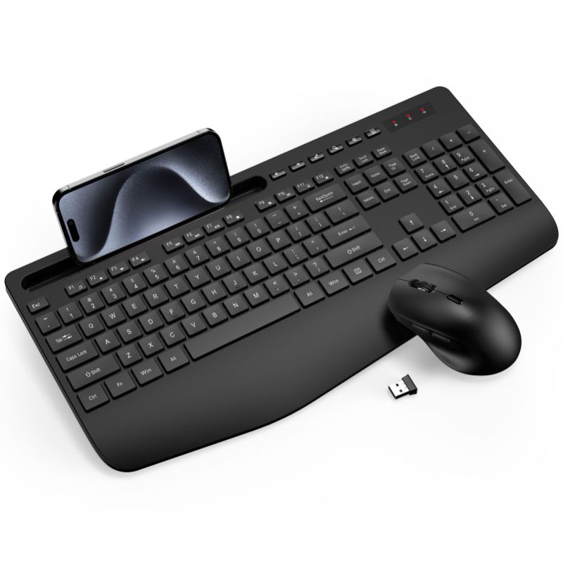 Photo 1 of Wireless Keyboard and Mouse Combo - Full-Sized Ergonomic Keyboard with Wrist Rest, Phone Holder, Sleep Mode, Silent 2.4GHz Cordless Keyboard Mouse Combo for Computer, Laptop, PC, Mac, Windows -Trueque