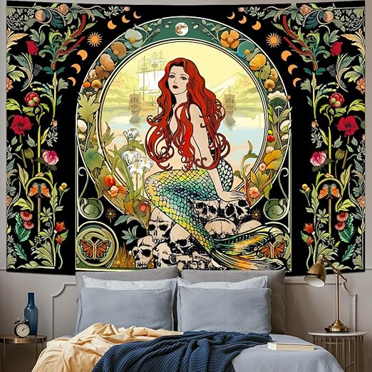 Photo 1 of Vintage Mermaid Tapestry Aesthetic Plant Floral Tapestries Moon Phase Wall Art Decor Nature Landscape Tapestry Wall Hanging for Bedroom
