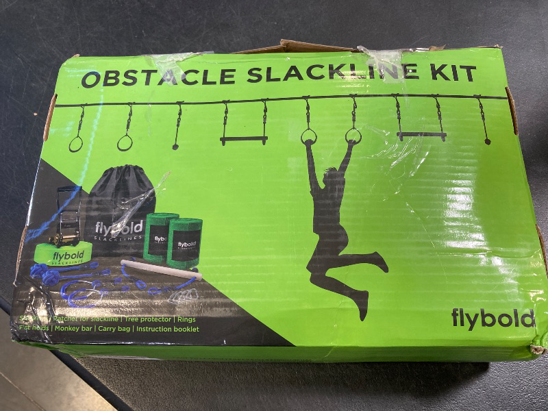 Photo 1 of Flybold Obstacle Course for Kids - 40 Ft Ninja Warrior Slackline Kit with 8 Adjustable Obstacles - Tree Protectors, Twin Gear Ratchets, Carry Bag - Complete Outdoor Adventure Set