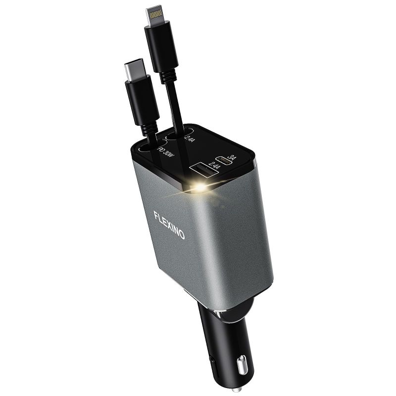 Photo 1 of Flexino Retractable Car Charger for iPhone 16, 69W Fast Charging Car Charger USB C, Car Chargers with 2 Retractable Cords 2.6ft, Car Adapter for iPhone 16/15/14/13/12 Series, Galaxy, Grey