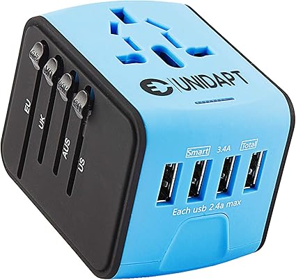 Photo 1 of Unidapt Universal Travel Adapter, International Plug Adapter Fast 2,4A 4-USB European Power Plug, AC Wall Charger – Worldwide Outlet for Europe US USA UK EU AUS, Blue

