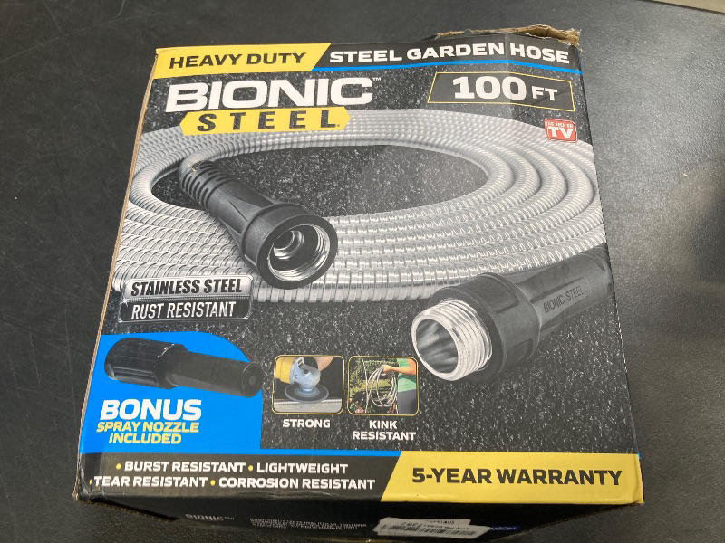Photo 1 of BIONIC STEEL 100 Ft Metal Garden Hose with Sprayer Nozzle, Non Kinking Designed Stainless Steel Heavy Duty Water Hose 100 Ft x 5/8 in. Flexible NON Expandable for Uninterrupted Water Flow, 500 PSI