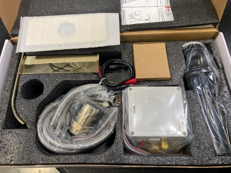 Photo 1 of YBlucklly Automatic Sensor Touchless Bathroom Sink Faucet DC Powered Sensor Hands Free Bathroom Tap Gold Vanity Faucets with Hole Cover Plate with Control Box and Temperature Mixer with Drain