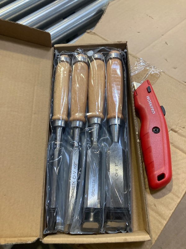Photo 1 of GREBSTK 4 Pcs Wood Chisel Set, CRV Steel Bevel Sharp Edge Bench Chisels with Safety Caps, Comfortful Beech Handle, for Woodworking and DIY Projects, 9.5"x(1/4", 1/2", 3/4", 1")