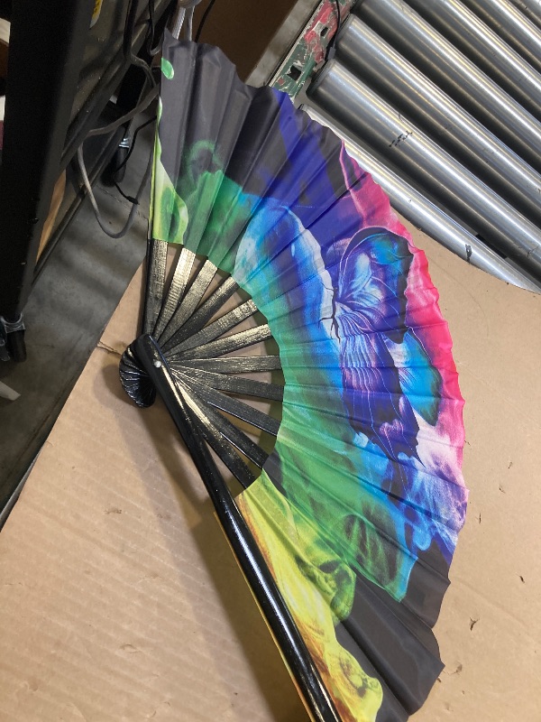 Photo 1 of Raveahem Large Rave Fan, Clack Folding Hand Fan with Premium Fabric, Thick Bamboo Frame for Men Women Gift for EDM, Festival, Club, Party, Dance, Decoration (Lridescent Purple, 13")