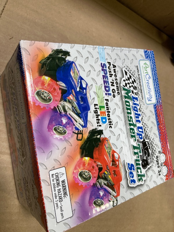 Photo 1 of Light-Up Monster Truck Toys (2-Pack) – Push-&-Go Cars with Glowing Wheels – Birthday Gift for Toddlers, Boys & Girls Ages 3+ – Durable Friction-Powered Trucks – Batteries Included
