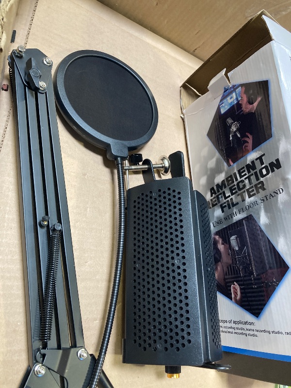 Photo 1 of Microphone Isolation Shield with Mic Stand and Pop Filter, Foldable Sound Shield for Most Condenser Microphone Recording Equipment Studio, High Density Absorbent Foam to Filter Vocal by Frgyee