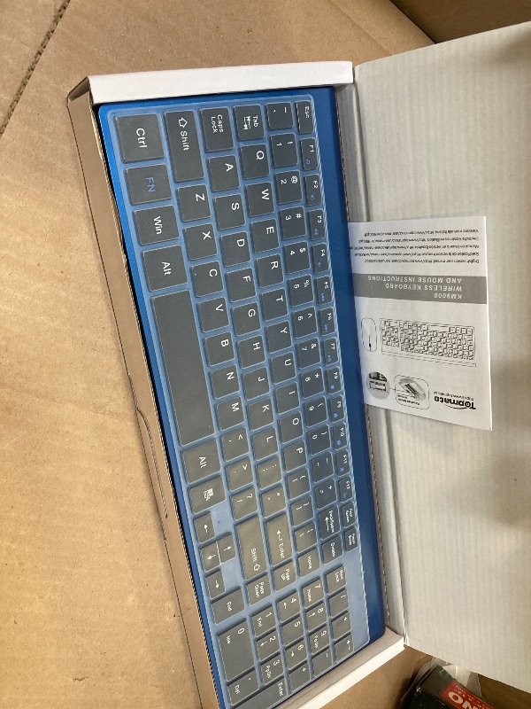 Photo 1 of TopMate Wireless Keyboard and Mouse Ultra Slim Combo, 2.4G Silent Compact USB Mouse and Scissor Switch Keyboard Set with Cover, 2 AA and 2 AAA Batteries, for PC/Laptop/Windows/Mac - Blue Black