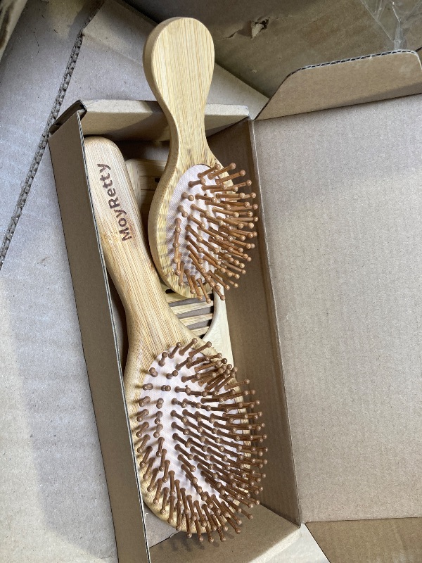 Photo 1 of MoyRetty Bamboo Hair Brush Comb Set - Natural Wooden Hairbrush Paddle Detangling for Thick Thin Curly Straight Wavy Dry Fine Hair, Men Women and Kids, Static-Free(4 Pcs) Yellow