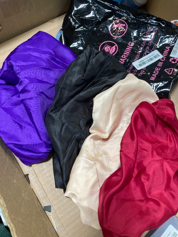 Photo 1 of 4Pcs Satin Bonnet Silk Bonnet, Hair Bonnet for Sleeping, Elastic Wide Band Silk Sleep Cap, Soft and Breathable (Black Red Purple Gold)