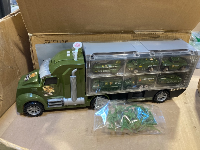 Photo 1 of JOYIN 25 in 1 Green Military Big Truck Toys, Army Men Tanks Set with Soldier Men, Mini Battle Car Toy in Carrier Truck with Lights and Sounds, Gifts for Toddler Kids Boys Ages 3+