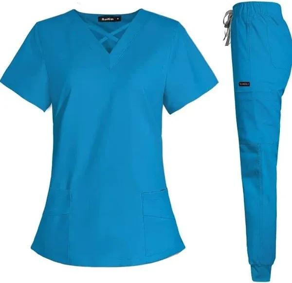 Photo 1 of VIAOLI Scrubs for Women Set Modern V-Neck Top & 8 Pocket Jogger Pants Athletic Nursing Uniform Solid Stretch Workwear ( Blue, XL)
